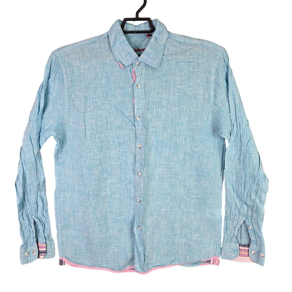 Mens Report Collection Blue 100% Linen Button Up Shirt Long Sleeves Size L